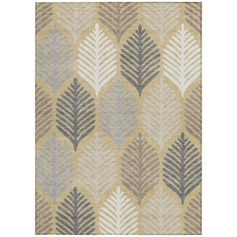 Rectangular ivory and gold area rug with layered leaf medallion pattern and border