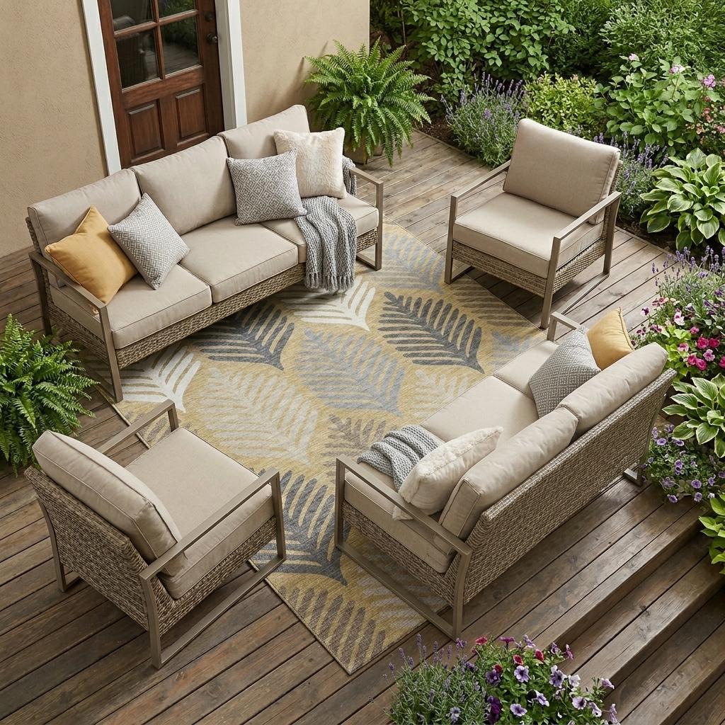 Outdoor patio area rug with ivory and gold leaf pattern, centered under seating set