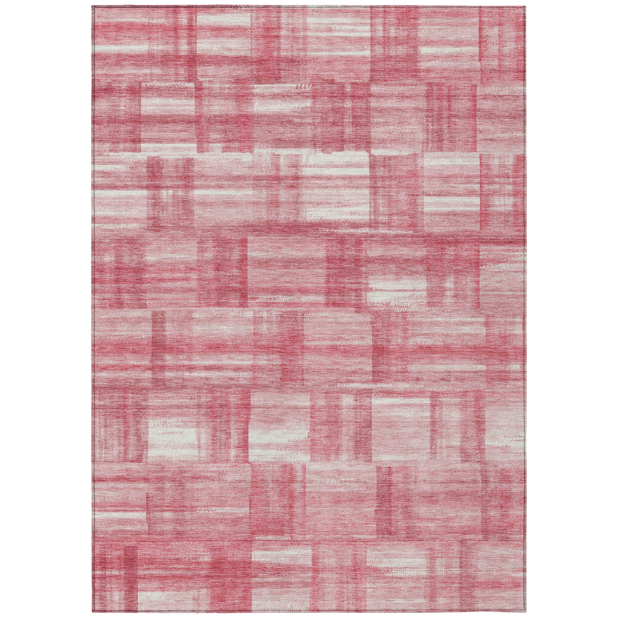 Area rug full view in pink and ivory patchwork stripe pattern with distressed texture.