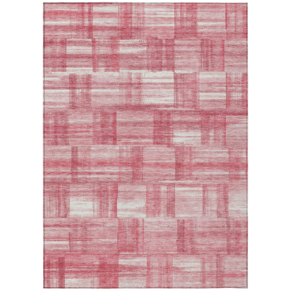 Area rug full view in pink and ivory patchwork stripe pattern with distressed texture.