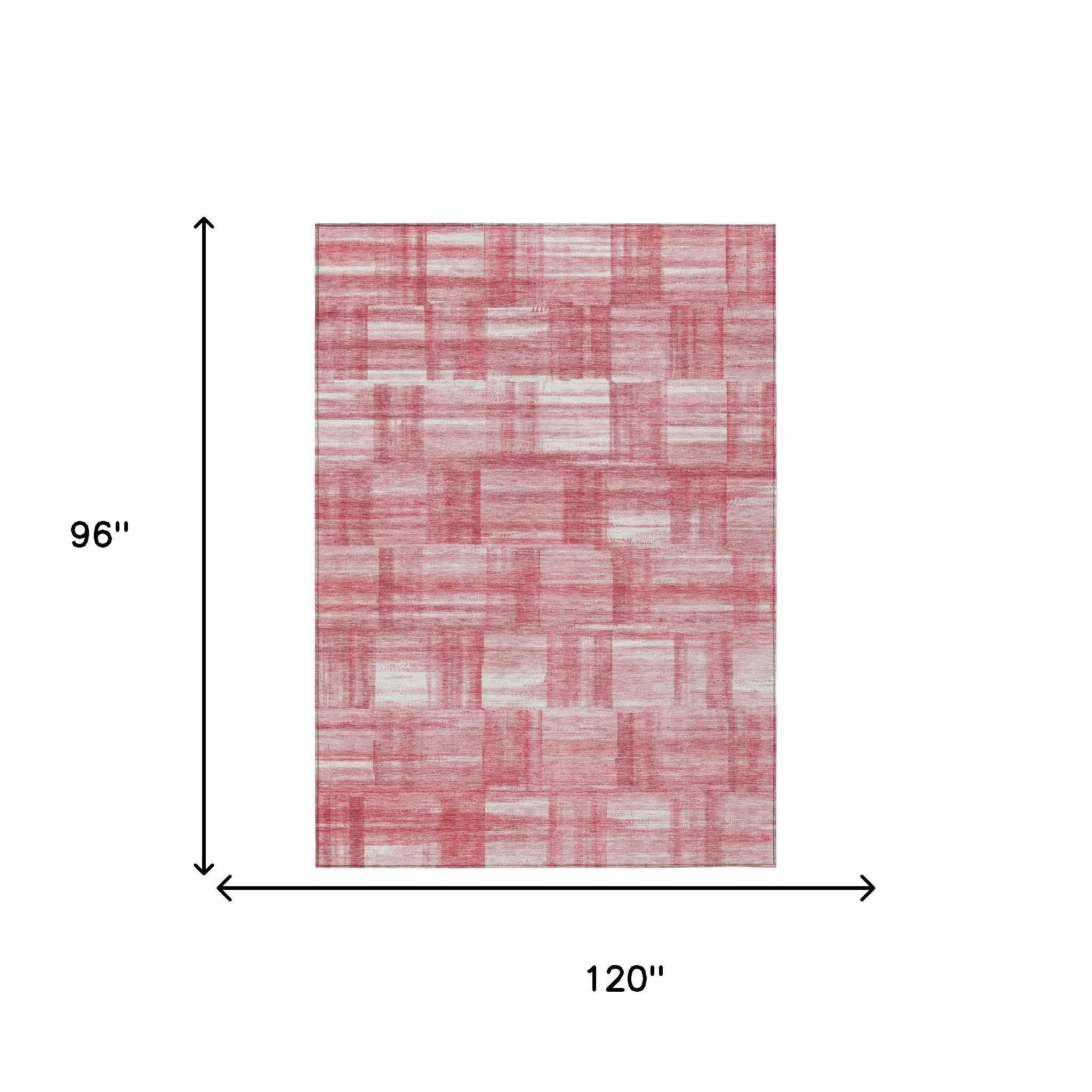 Pink and ivory striped area rug, 8x10 ft size shown with dimension arrows.