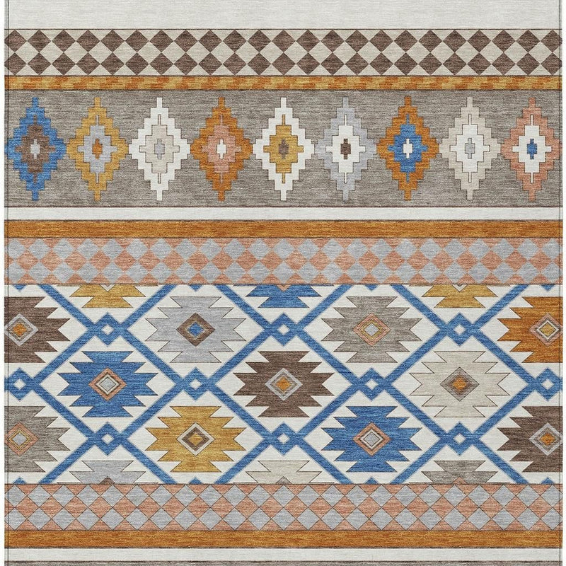 Southwestern area rug flat view with ivory, brown, and blue geometric stripe pattern