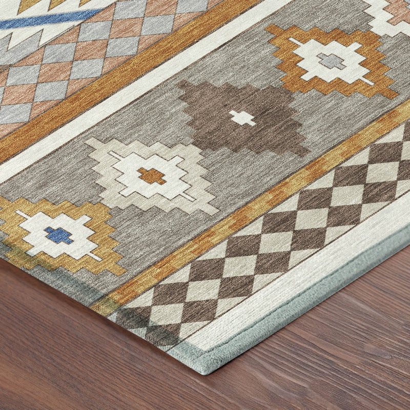 Southwestern area rug corner detail with gray base, ivory crosses, and brown edging