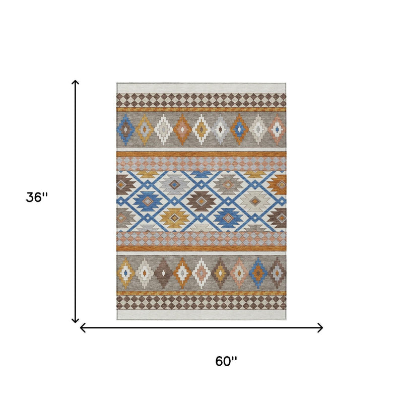 Southwestern area rug, 36 in x 60 in, gray and ivory with blue and brown pattern