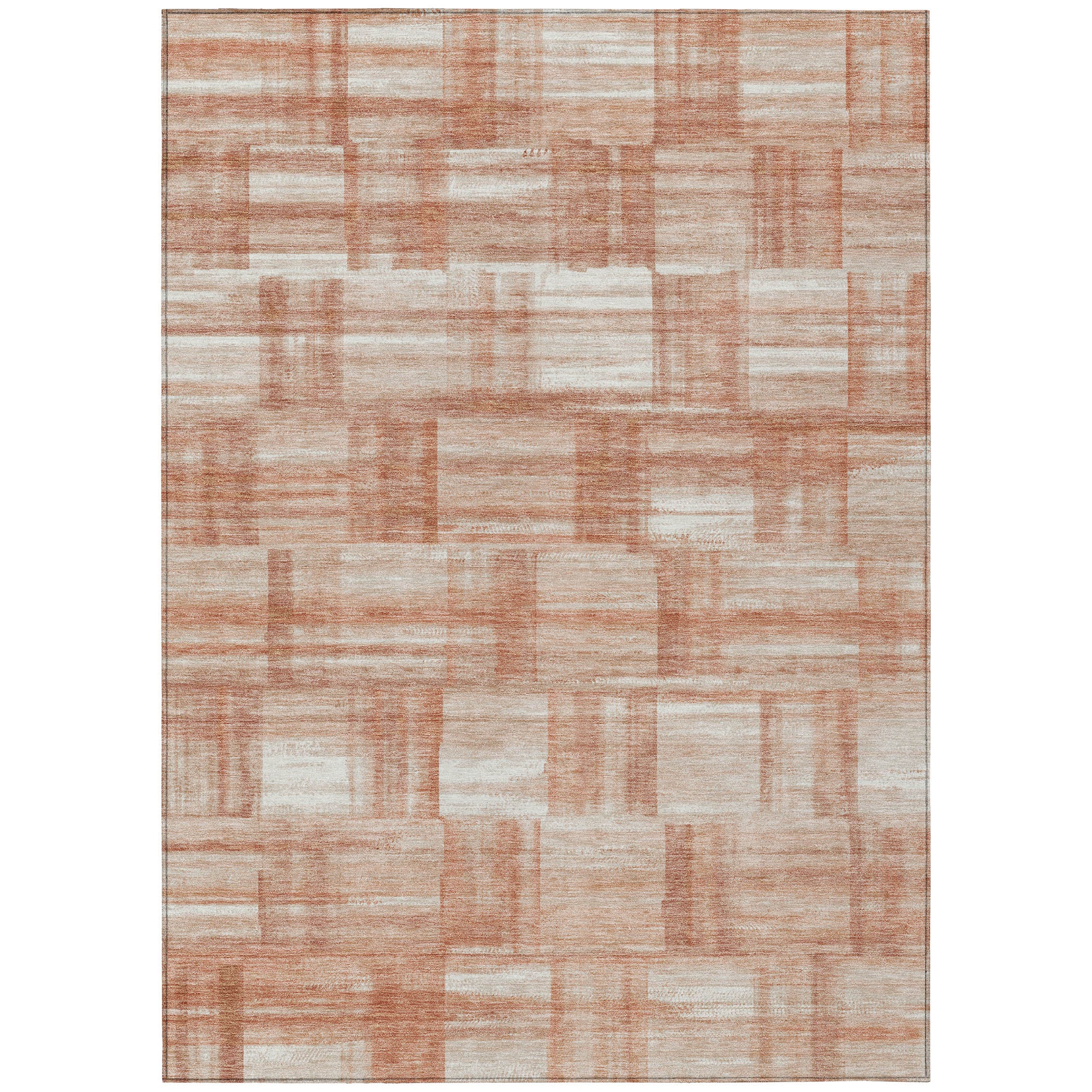 Copper and salmon patchwork area rug with cream base and thin border