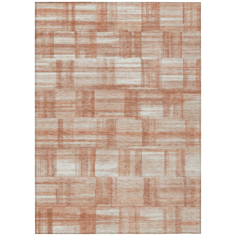 Copper and salmon patchwork area rug with cream base and thin border