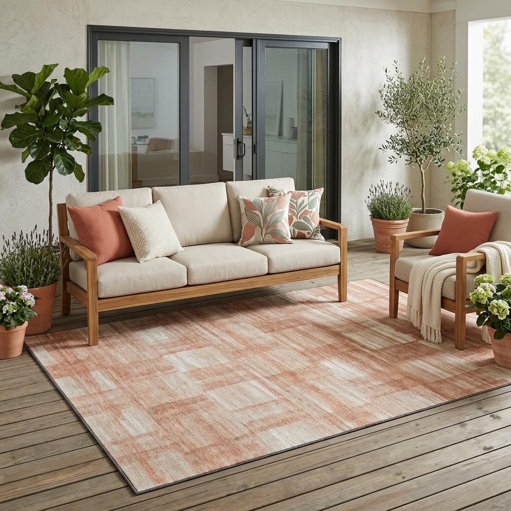 Indoor outdoor area rug with copper, salmon, and cream abstract striped pattern