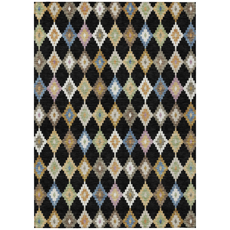 Rectangular area rug with black center and multicolor repeating diamond Aztec motif