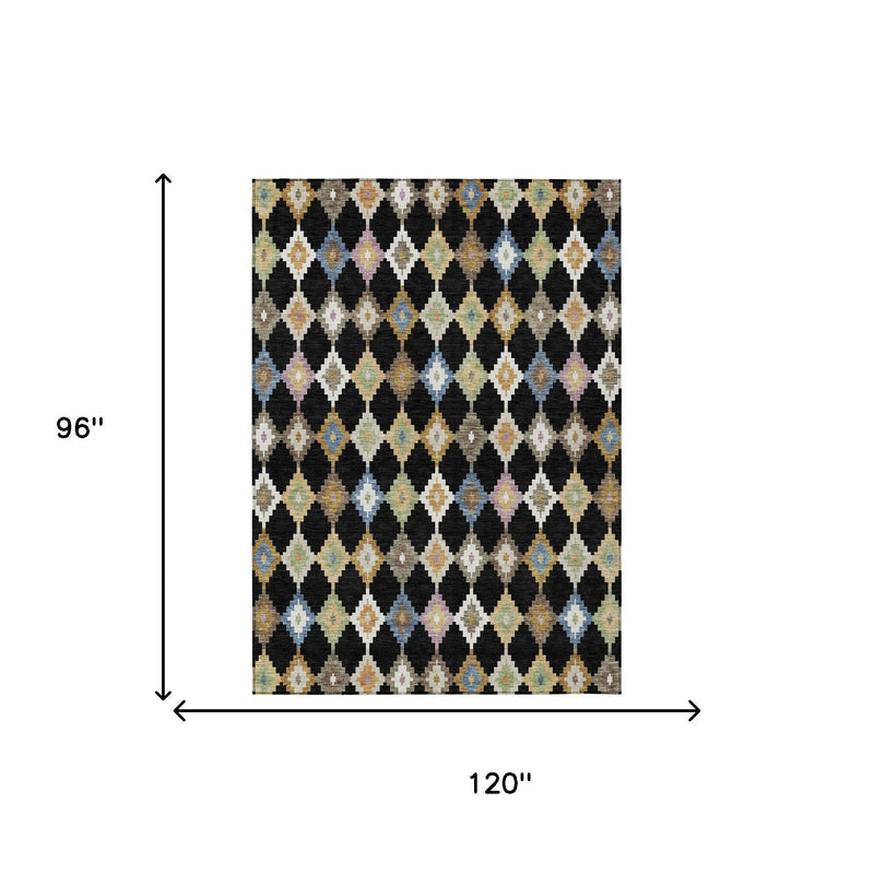 Black and beige diamond Aztec area rug with size diagram showing 120 in by 96 in