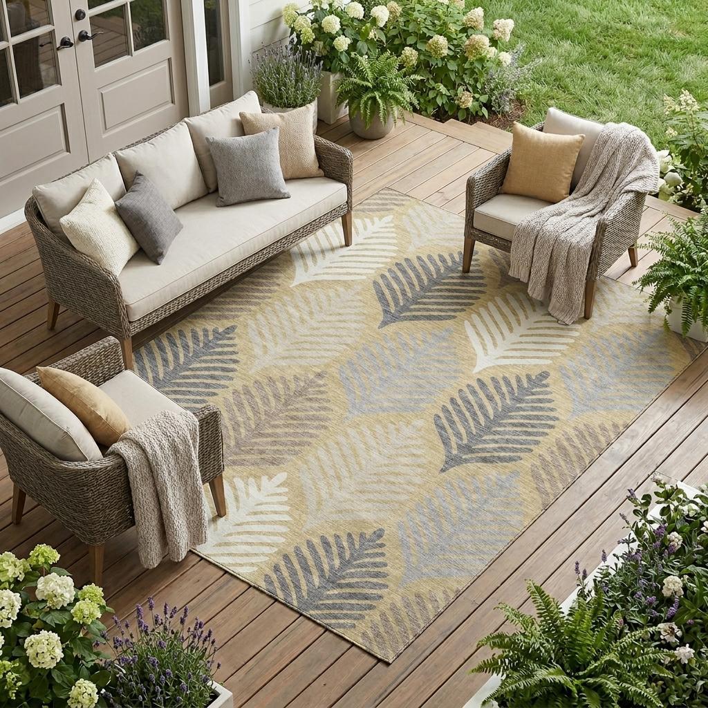 Outdoor area rug with ivory base and gold-and-blue-gray feather leaf pattern