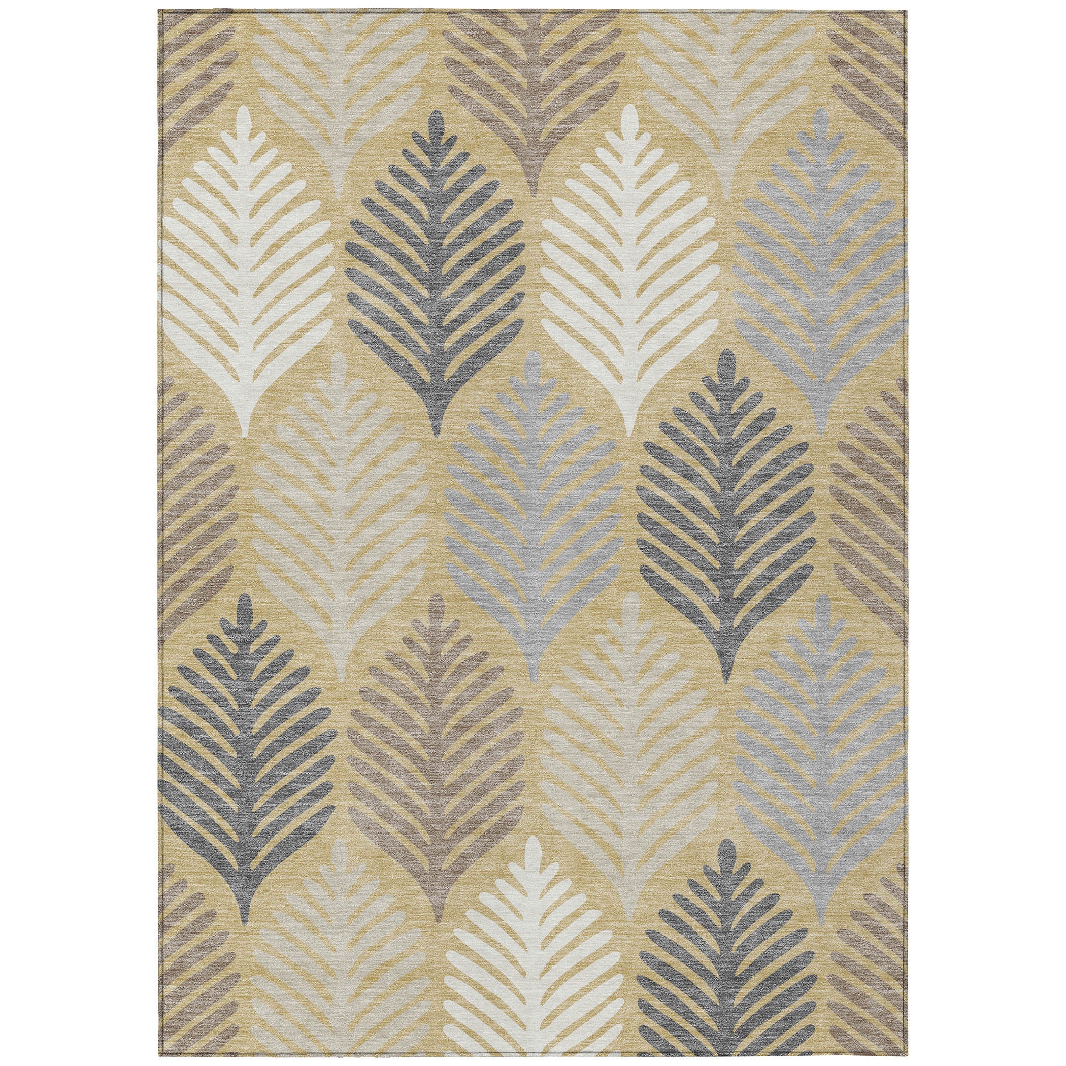Rectangular ivory area rug with gold and blue-gray feather leaf motifs