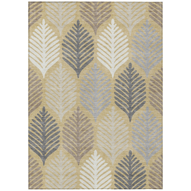 Rectangular ivory area rug with gold and blue-gray feather leaf motifs