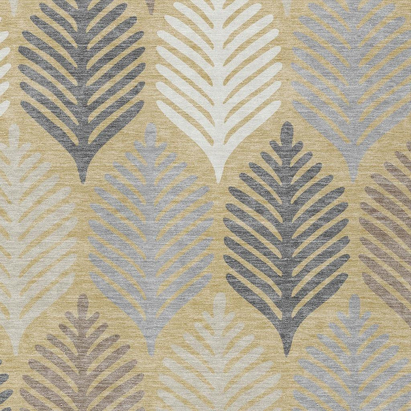 Close-up of ivory and gold rug with repeating blue-gray feather leaf pattern