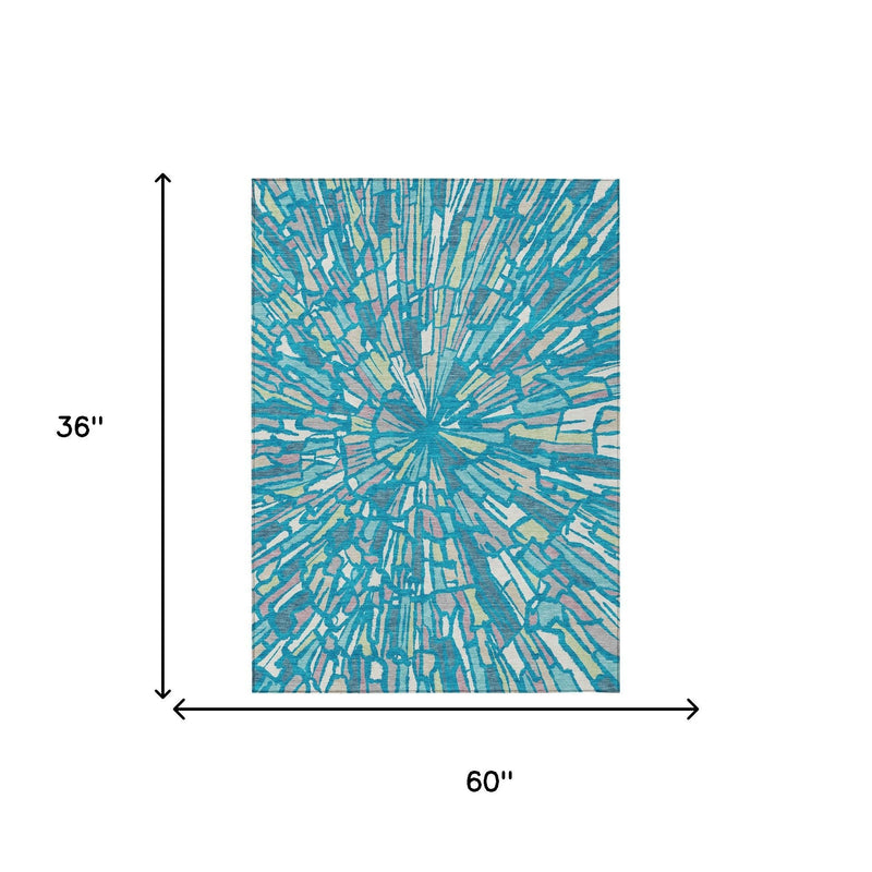 Teal blue abstract indoor outdoor area rug, 3 ft x 5 ft size diagram