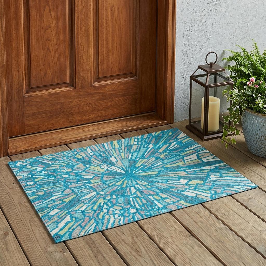 Teal blue abstract area rug with sunburst design laid on outdoor wood floor