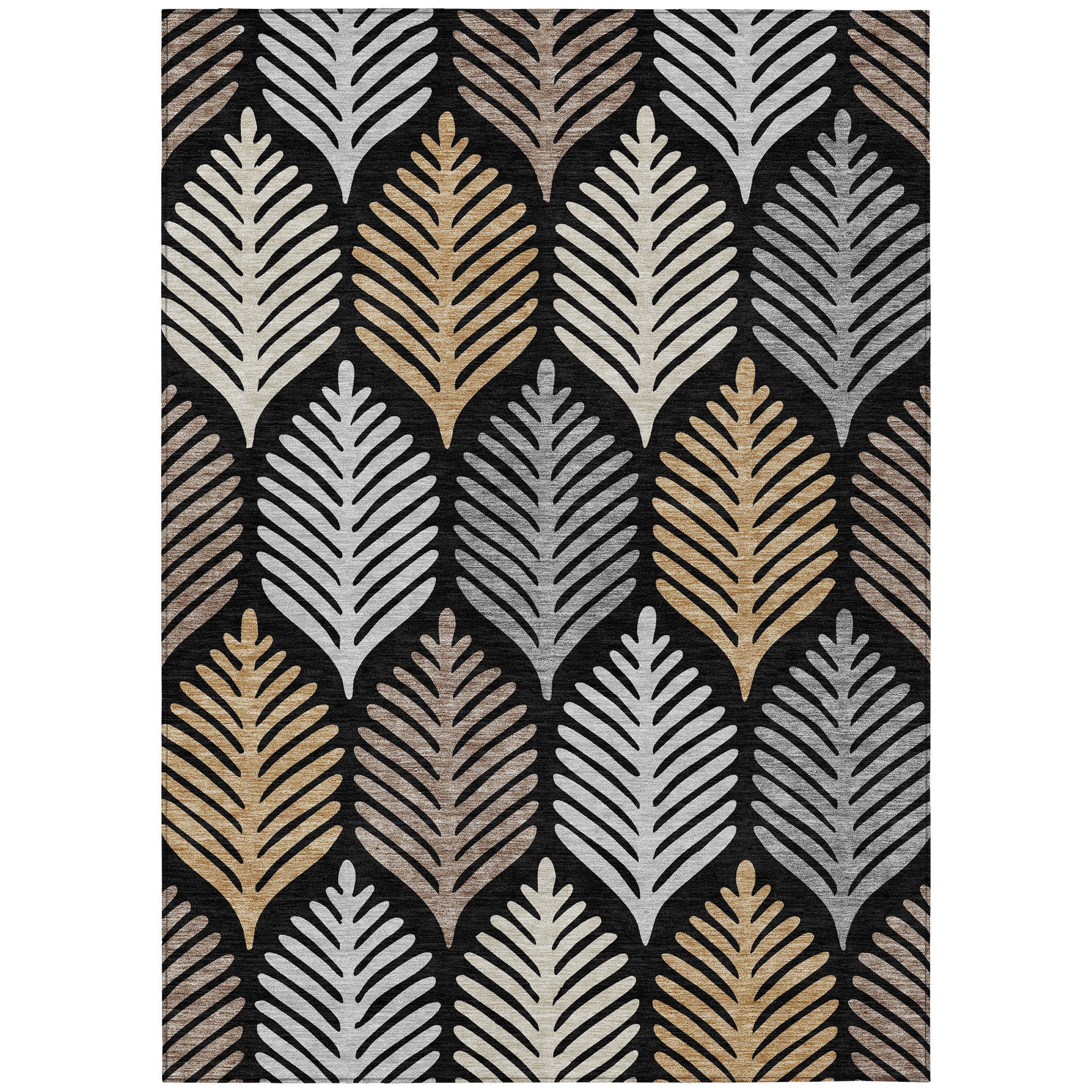 Black and gray leaf-pattern area rug with beige and gold washed accents.