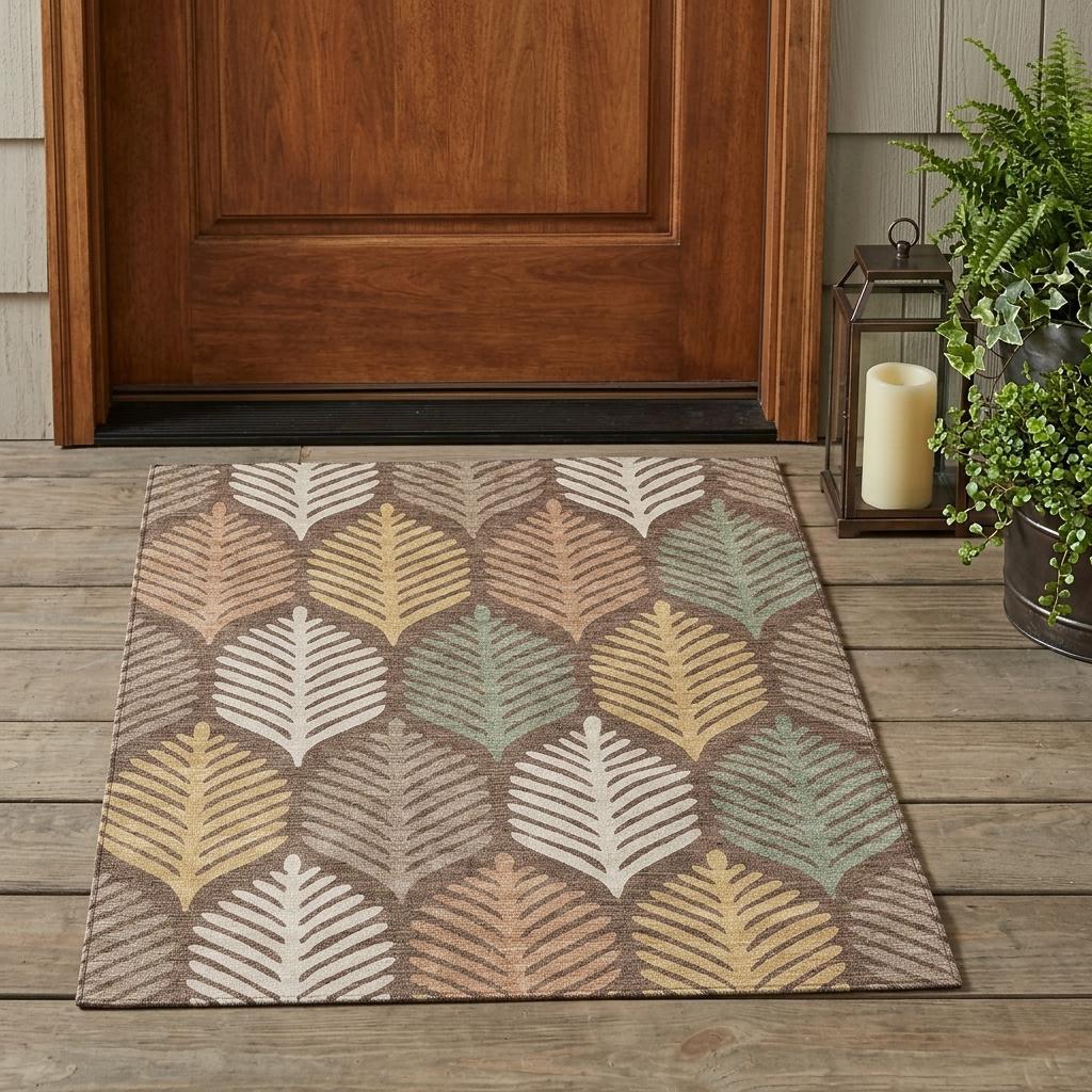 3x5 indoor outdoor area rug featuring multicolor leaf pattern on brown base