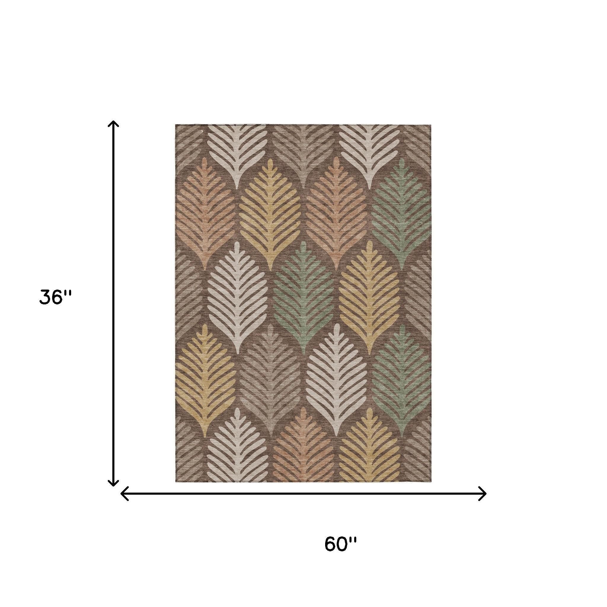 3 ft x 5 ft area rug with multicolor leaf pattern on chocolate-brown ground