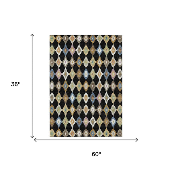 Black and beige Aztec diamond-pattern area rug shown with 36 in by 60 in size