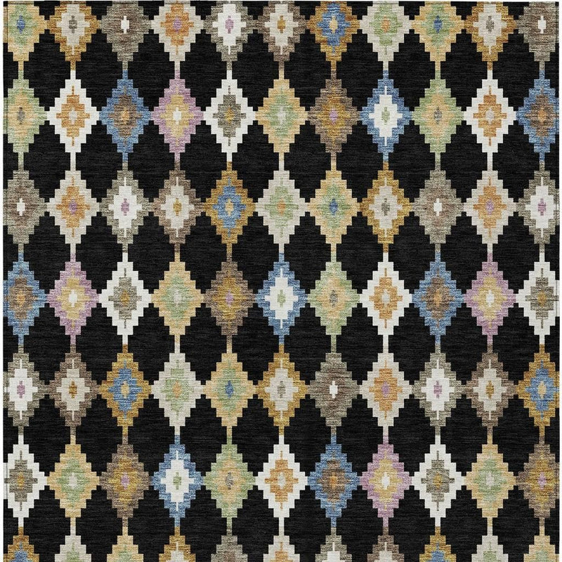 Black and beige Aztec diamond-pattern area rug, washable indoor/outdoor