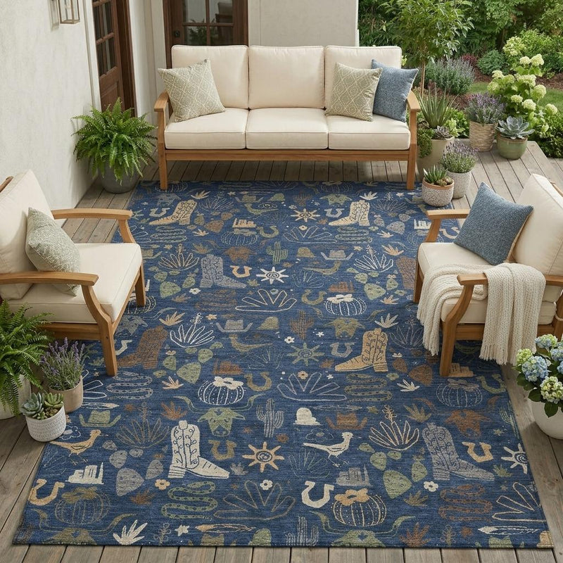 Large navy area rug with cactus and desert icon pattern in tan accents