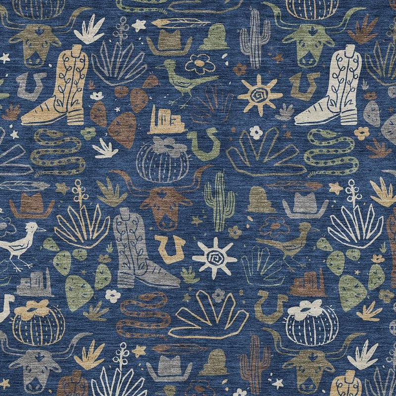 Navy area rug with repeating cactus, bird, and desert icon pattern in tan accents