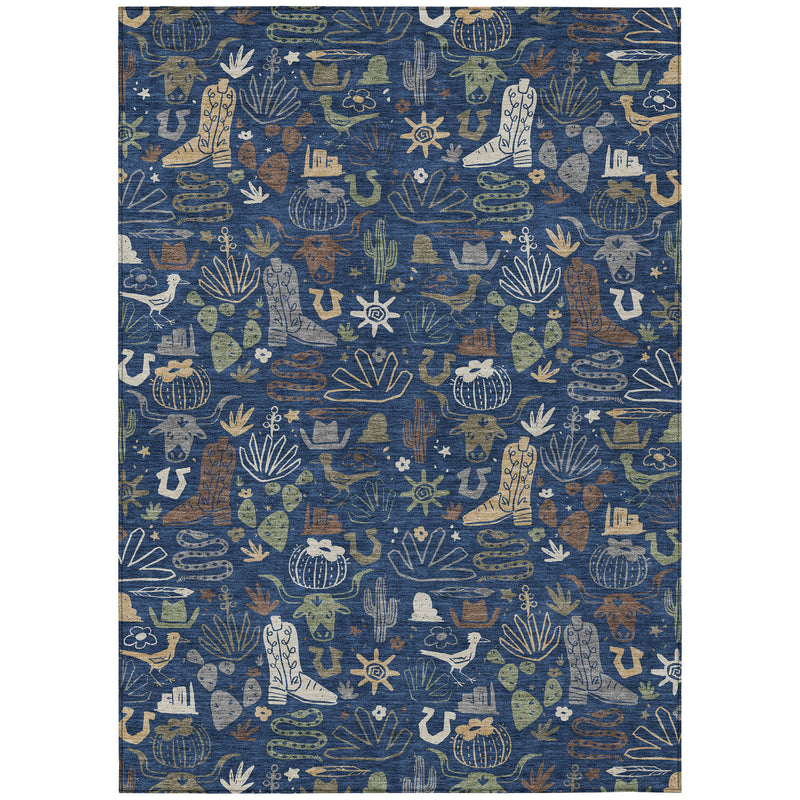 Flat-lay view of navy indoor outdoor rug with cactus and desert icon pattern
