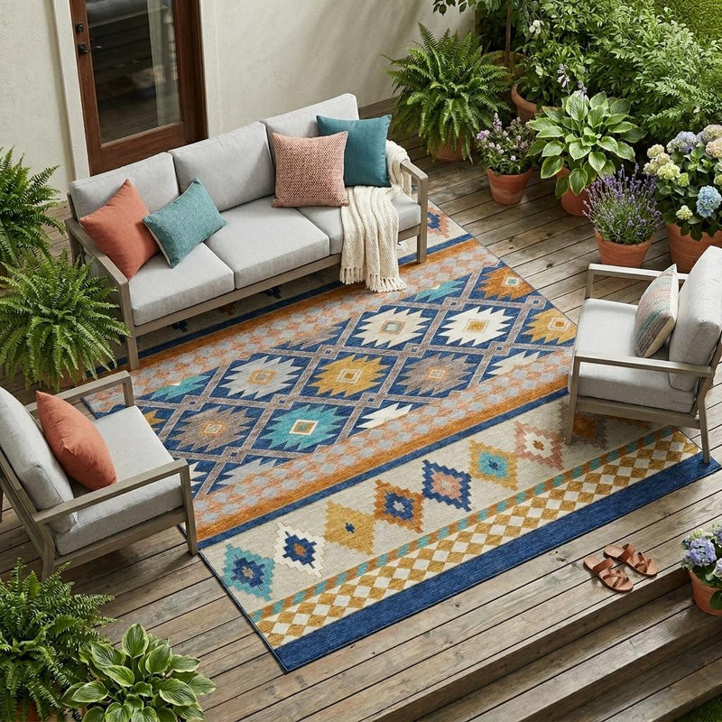 Indoor-outdoor area rug with blue border and multicolor southwestern diamond patterns.
