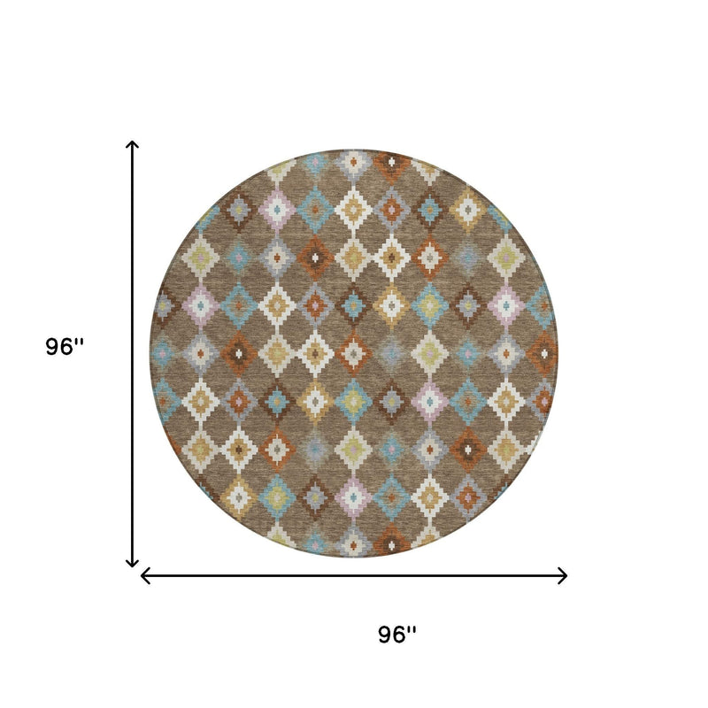 96-inch round area rug with multicolor diamond Aztec pattern on brown base