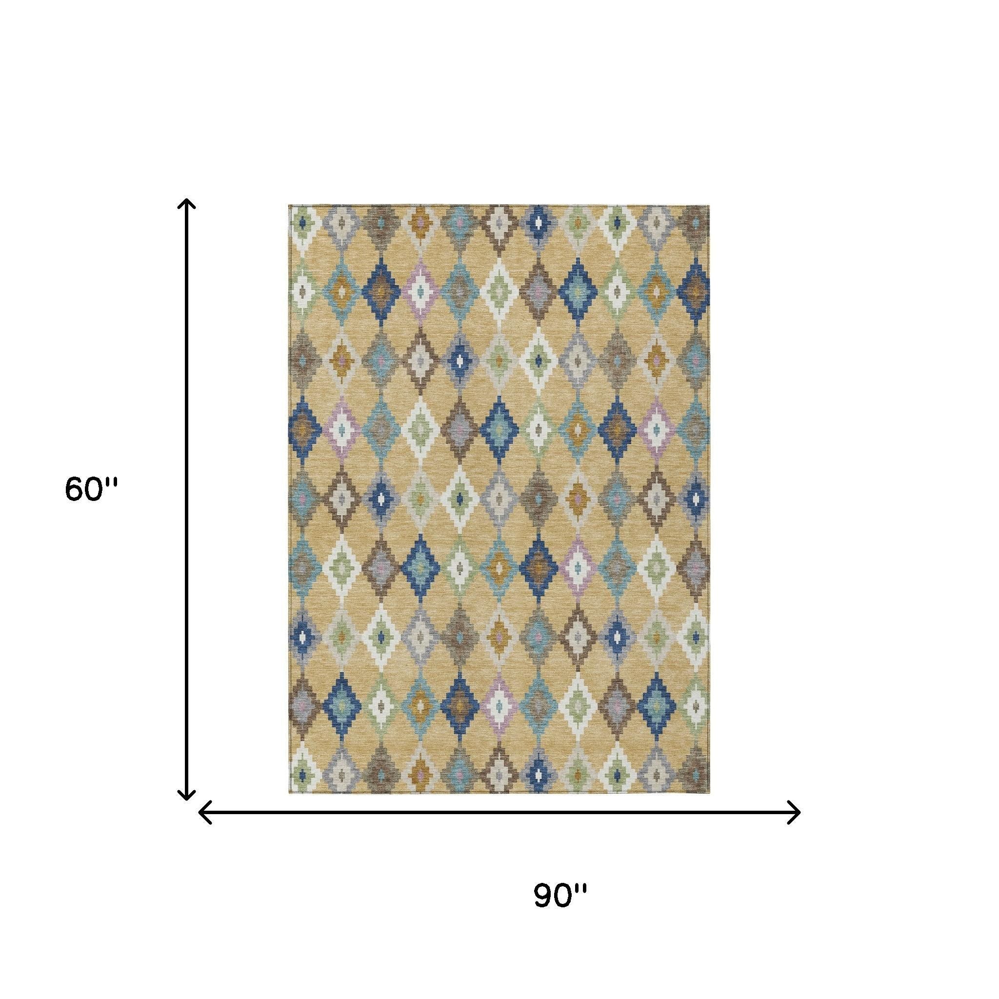 5' X 8' Gold And Teal Blue Aztec Washable Indoor Outdoor Area Rug - Sports & Outdoor