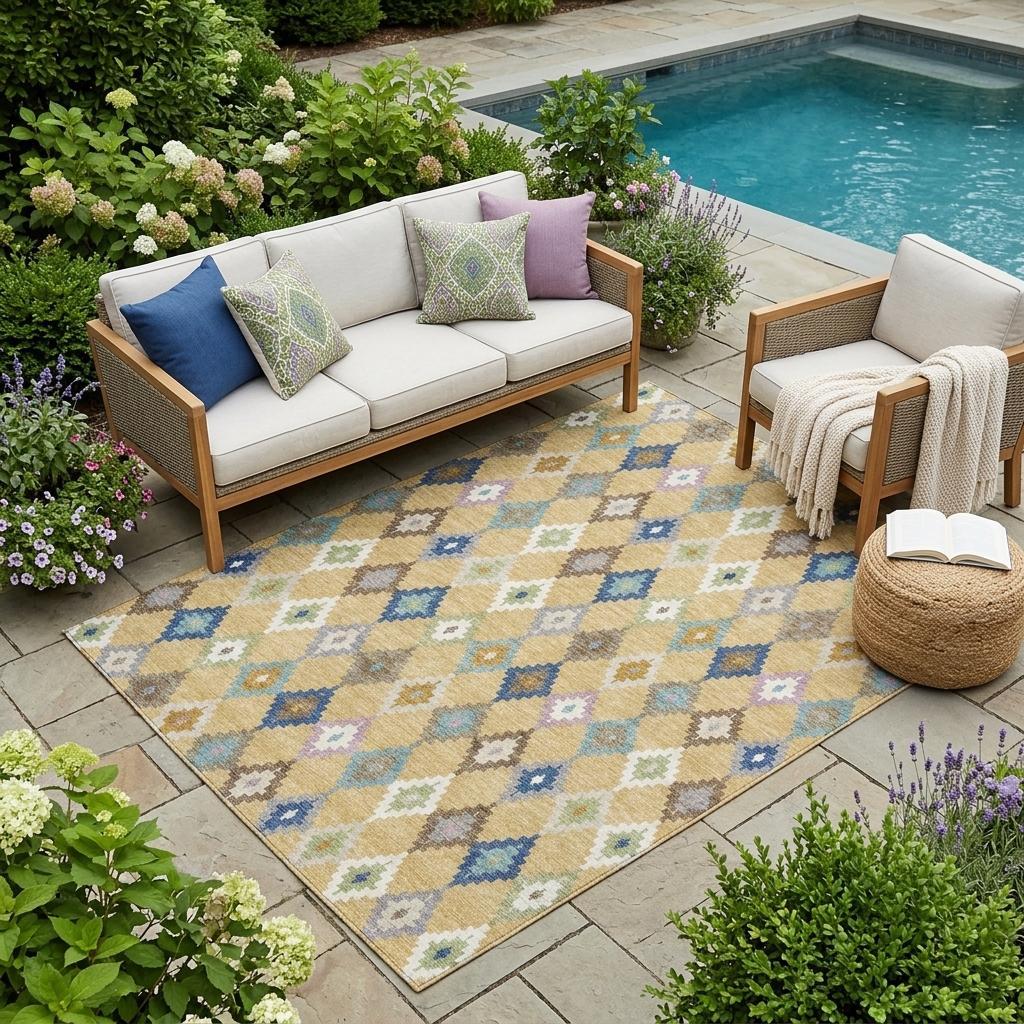 5' X 8' Gold And Teal Blue Aztec Washable Indoor Outdoor Area Rug - Sports & Outdoor