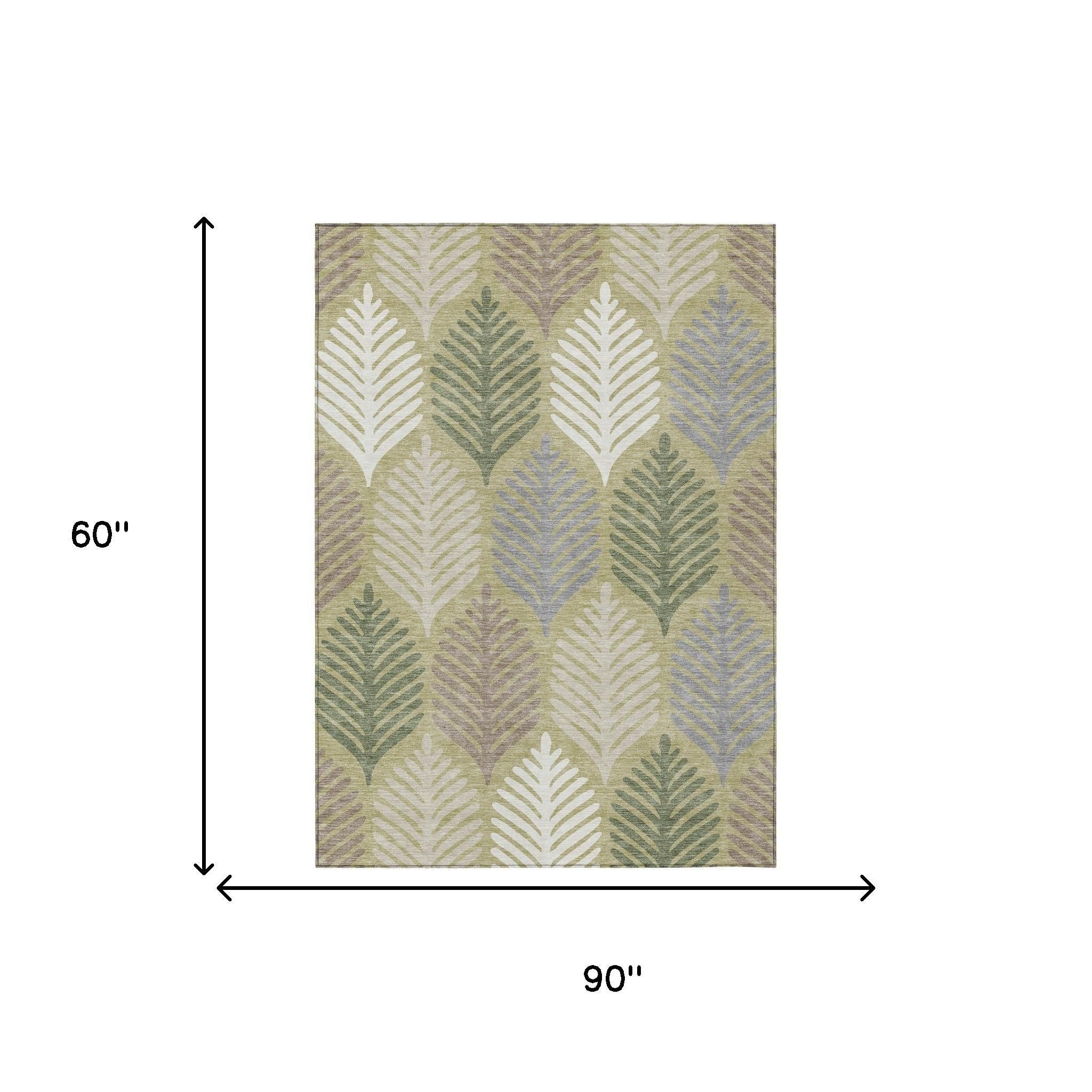 Rectangular area rug, 90 in x 60 in, green and ivory leaf pattern on muted gray base