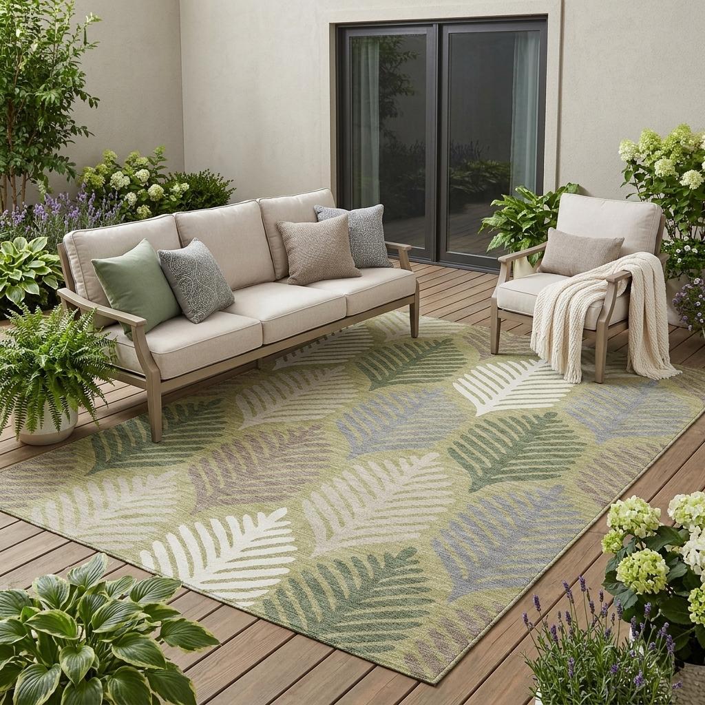 Rectangular area rug with green and ivory leaf pattern, flat-woven textured look