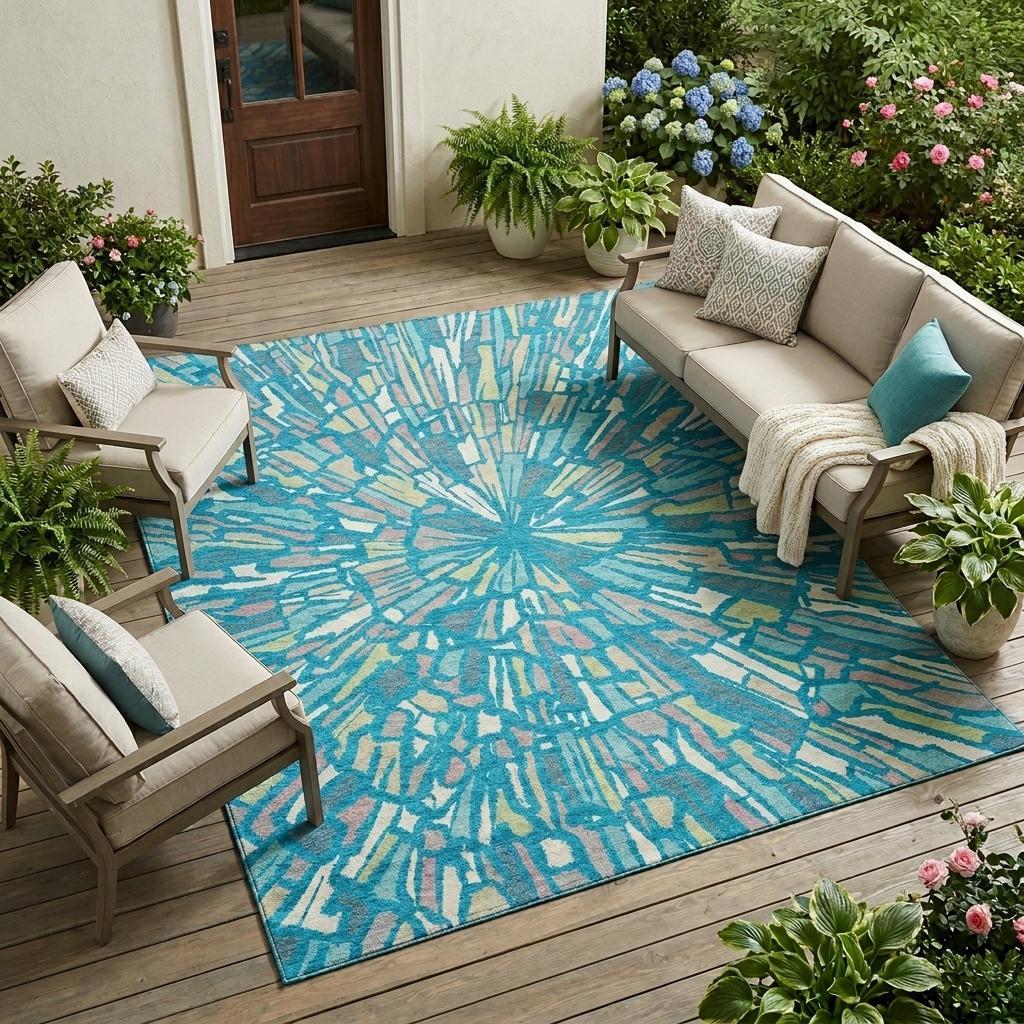 Teal blue abstract area rug with radial burst pattern and off-white accents