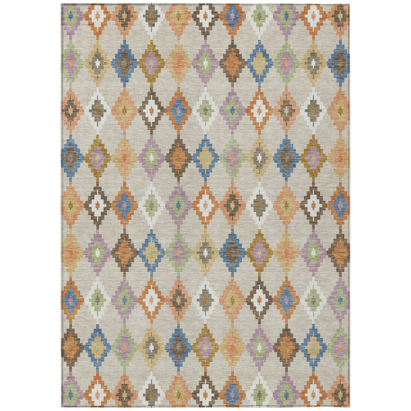 Ivory indoor outdoor area rug with repeating multicolor diamond Aztec design