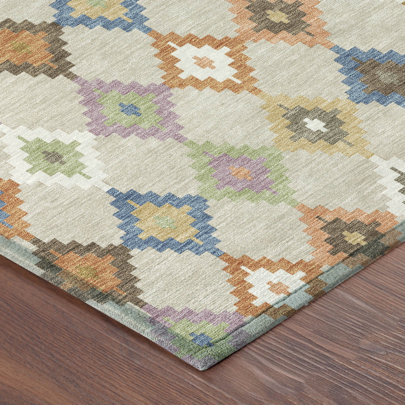 Indoor outdoor area rug corner with multicolor geometric diamond pattern