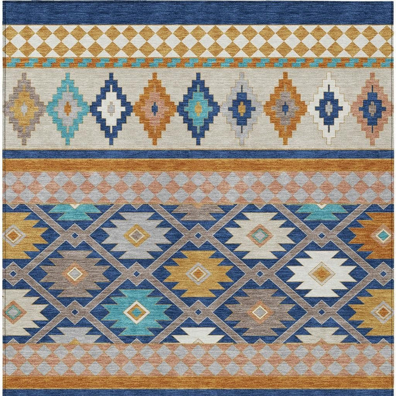Navy and ivory southwestern area rug with stripe bands and diamond motif medallions