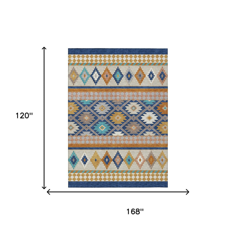 Navy and ivory southwestern area rug, 168 x 120 in, multicolor geometric pattern
