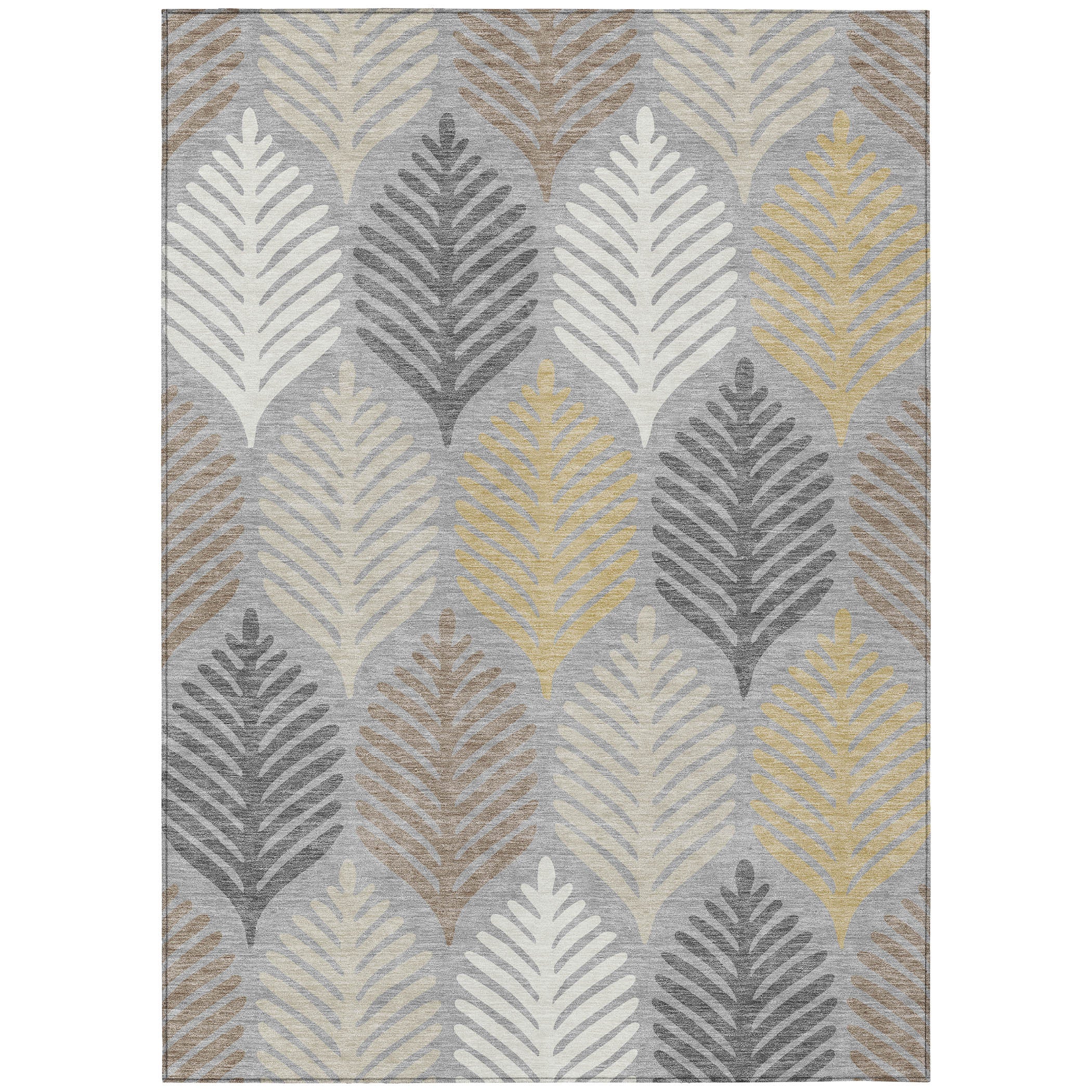 Full view rectangular area rug with multicolor leaf pattern in gray, beige, and blue