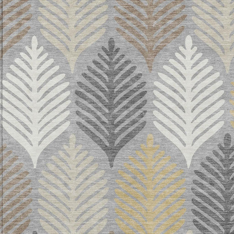 Gray and beige leaf-pattern area rug, washable indoor/outdoor design, close-up