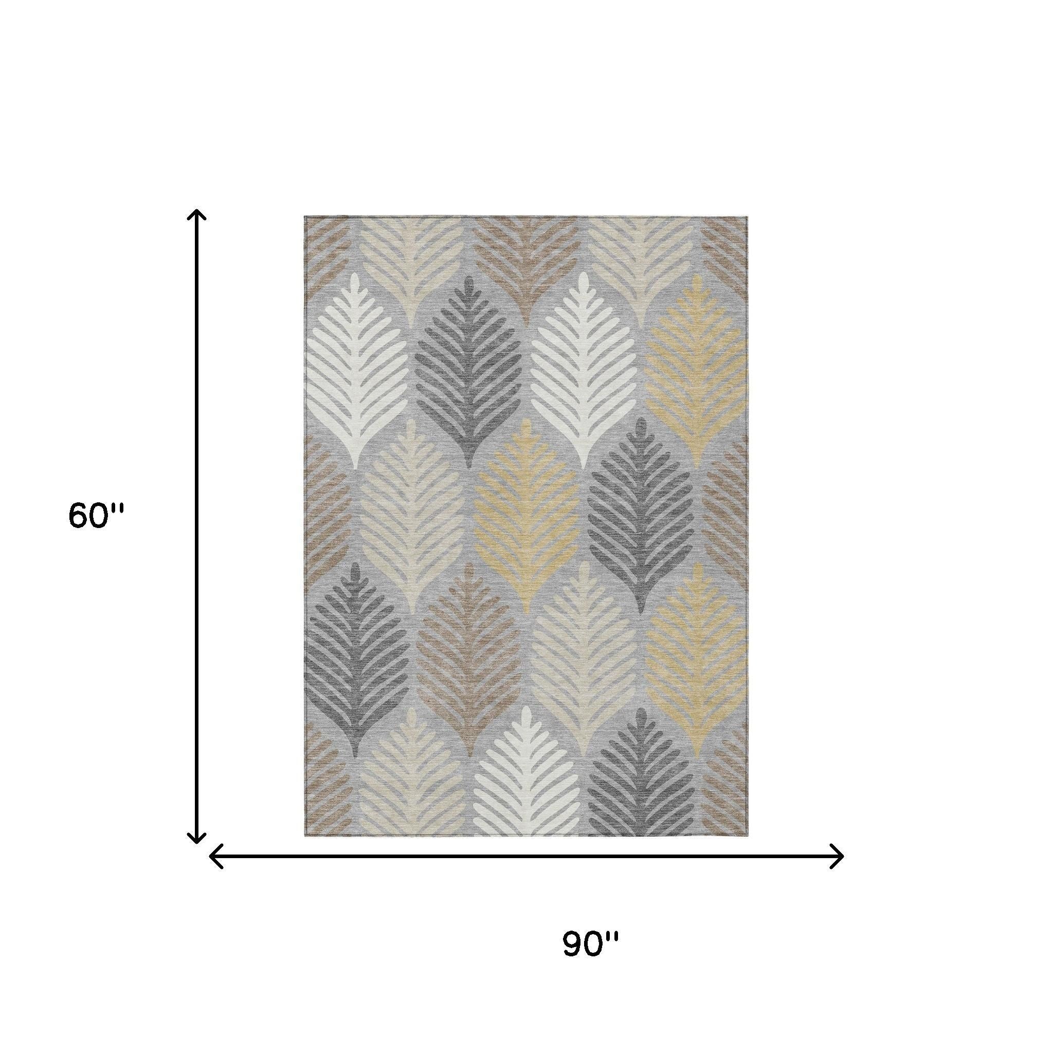 Rectangular area rug with gray, beige, and light blue leaf pattern, shown with dimensions