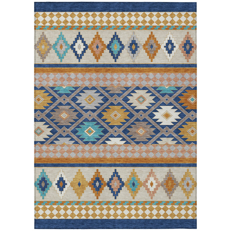 Geometric southwestern area rug in navy, ivory, tan, teal, and orange with border stripes