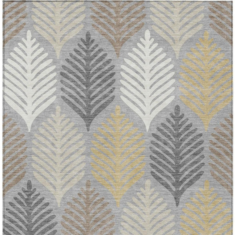 Full view gray and beige leaf-pattern rectangular area rug with yellow accents