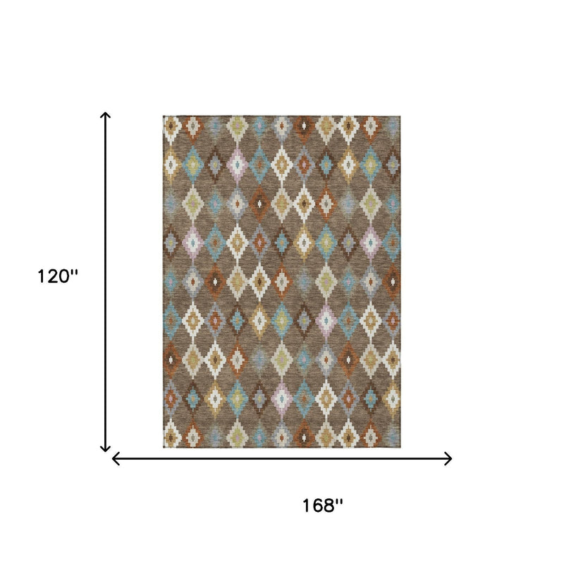 Aztec diamond patterned rug, gray base with teal and rust accents; 168 x 120 in.