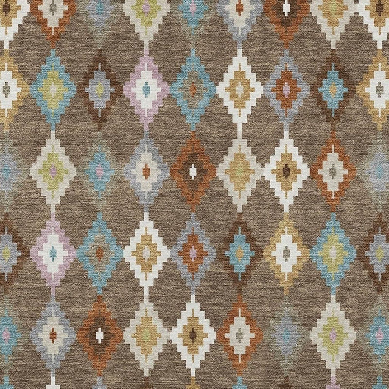 Aztec diamond area rug in gray-brown with teal, orange, pink, and ivory accents.
