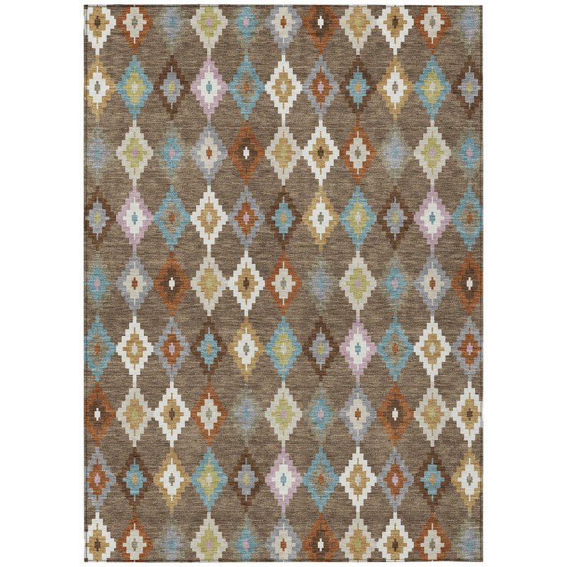 Full view Aztec diamond indoor/outdoor rug in gray-brown with multicolor teal and rust tones.