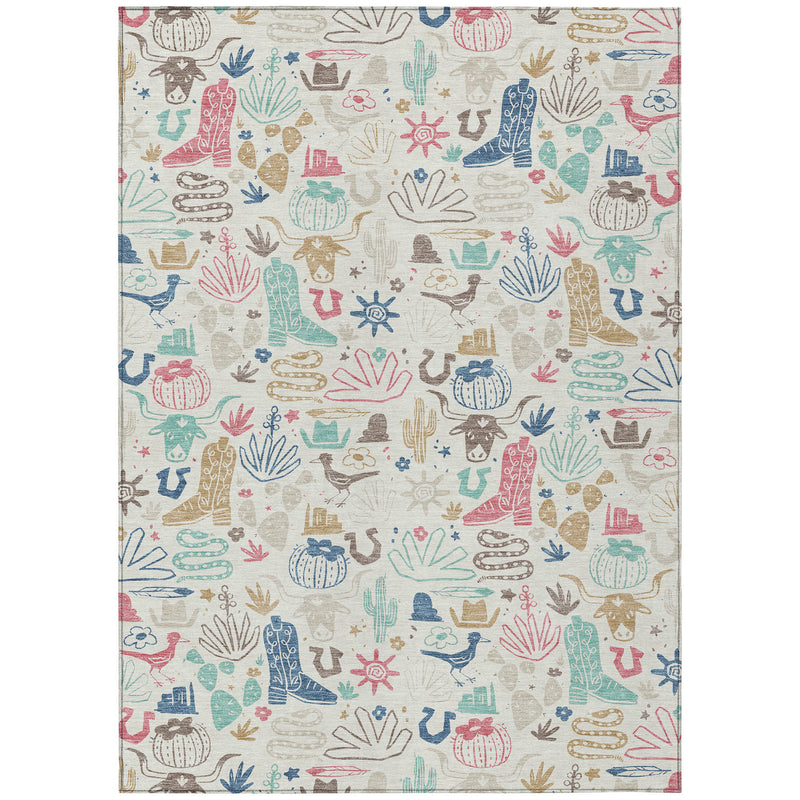 Cactus-themed rectangular area rug with light beige ground and colorful desert illustrations.