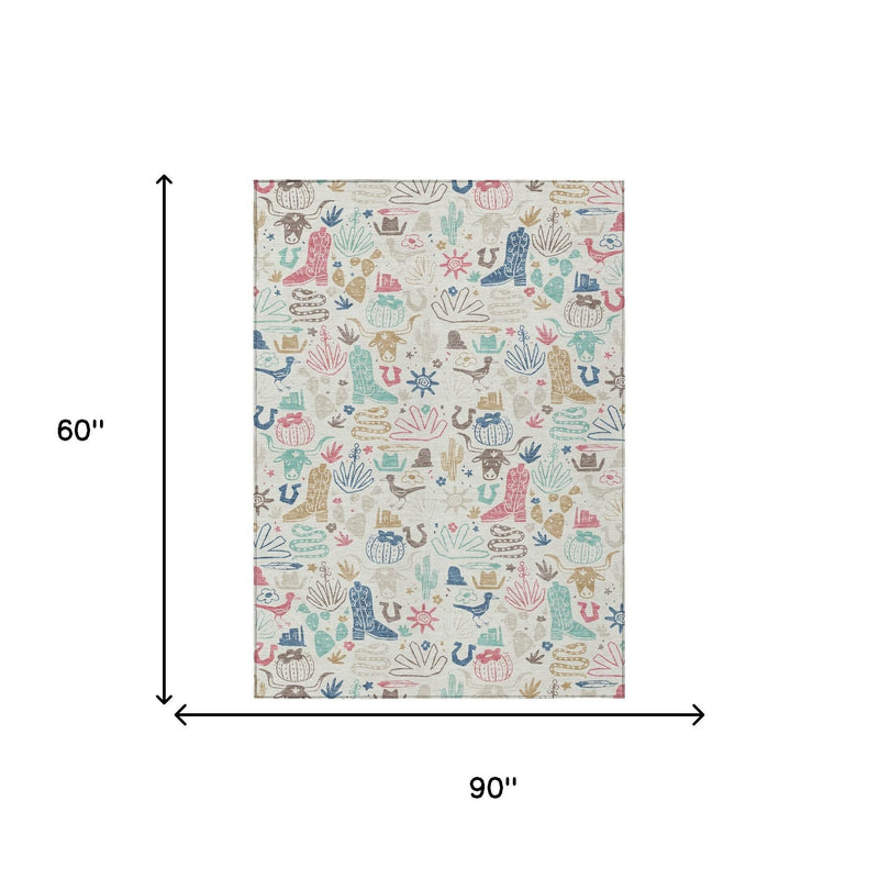 Rectangular area rug, 60 in x 90 in, light beige with colorful cactus and desert pattern.