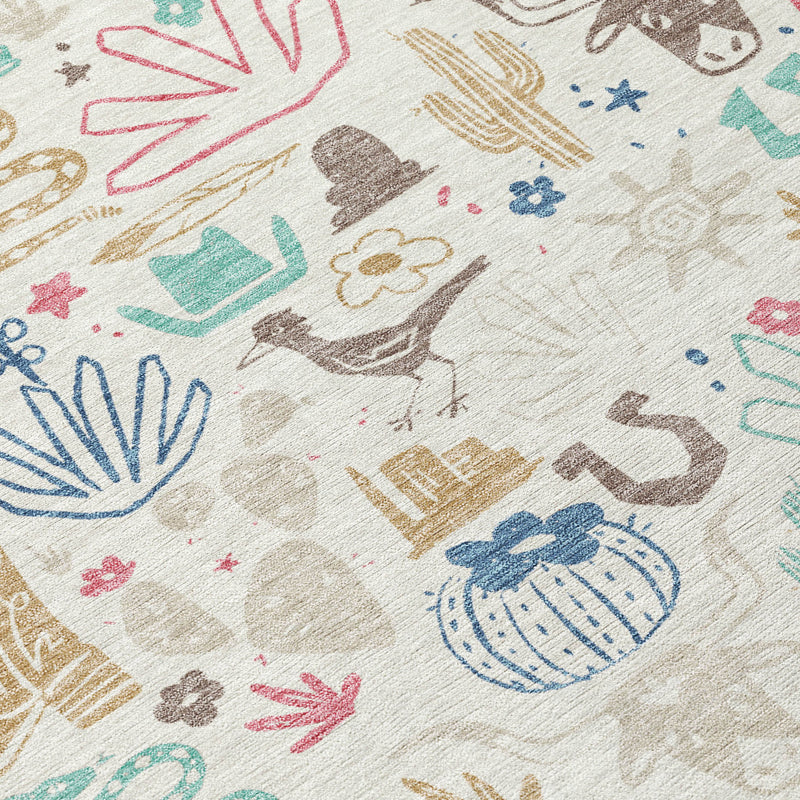 Close-up of cactus desert area rug texture in light beige with multicolor illustrated icons.