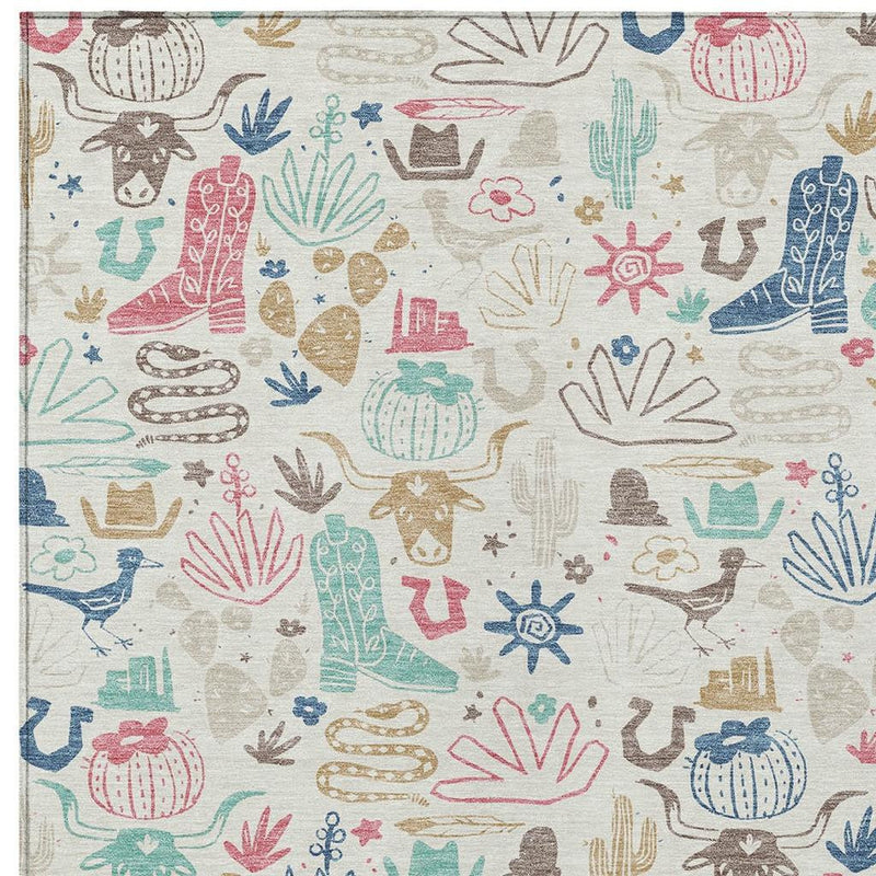 Cactus and desert icon area rug in light beige with multicolor floral and cactus motifs.